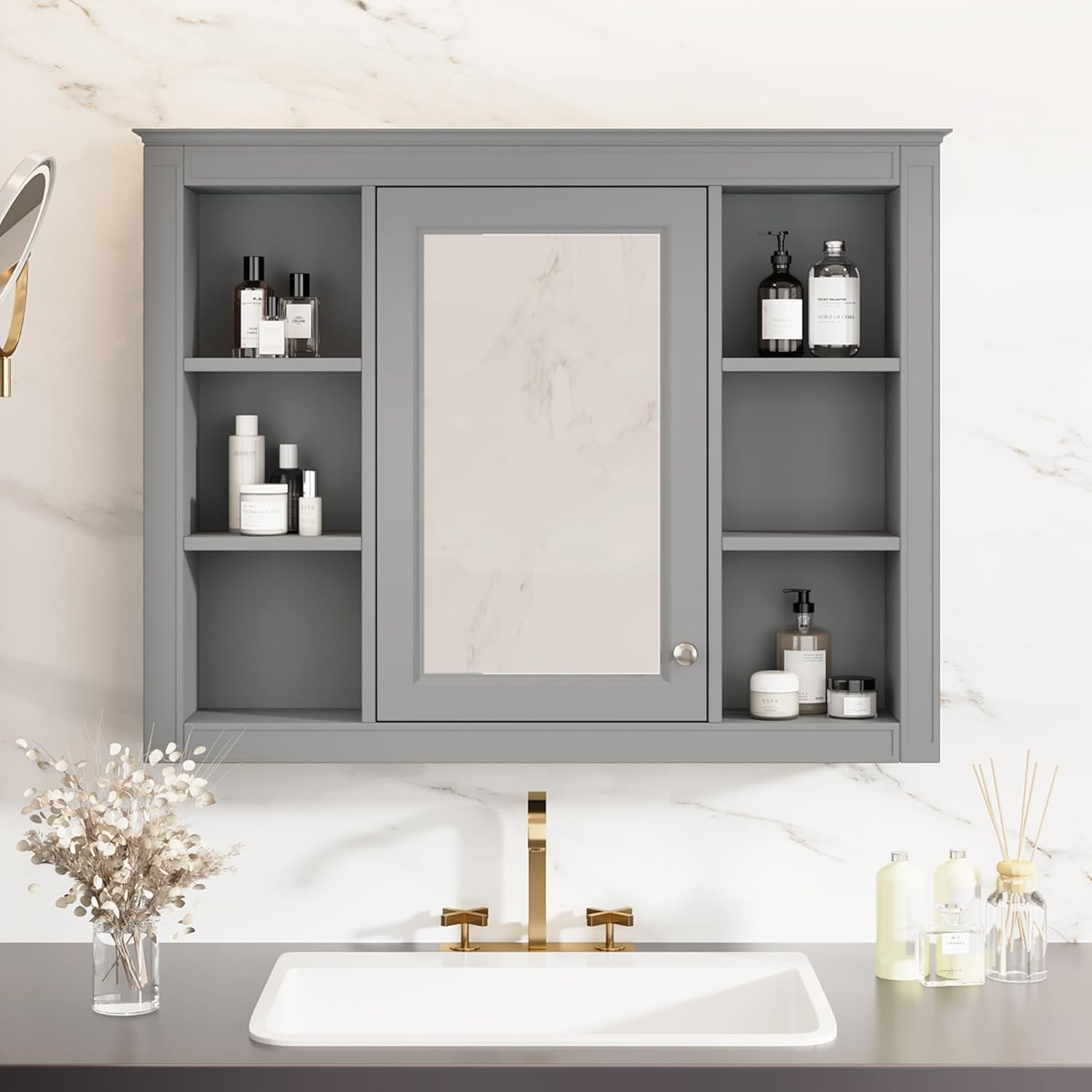 LUMISOL Wall Mounted Bathroom Storage Cabinet, Modern Bathroom Wall Cabinet with a Mirror Door and 6 Open Shelves, Medicine Cabinet, Mirror Cabinet for Bathroom, Grey