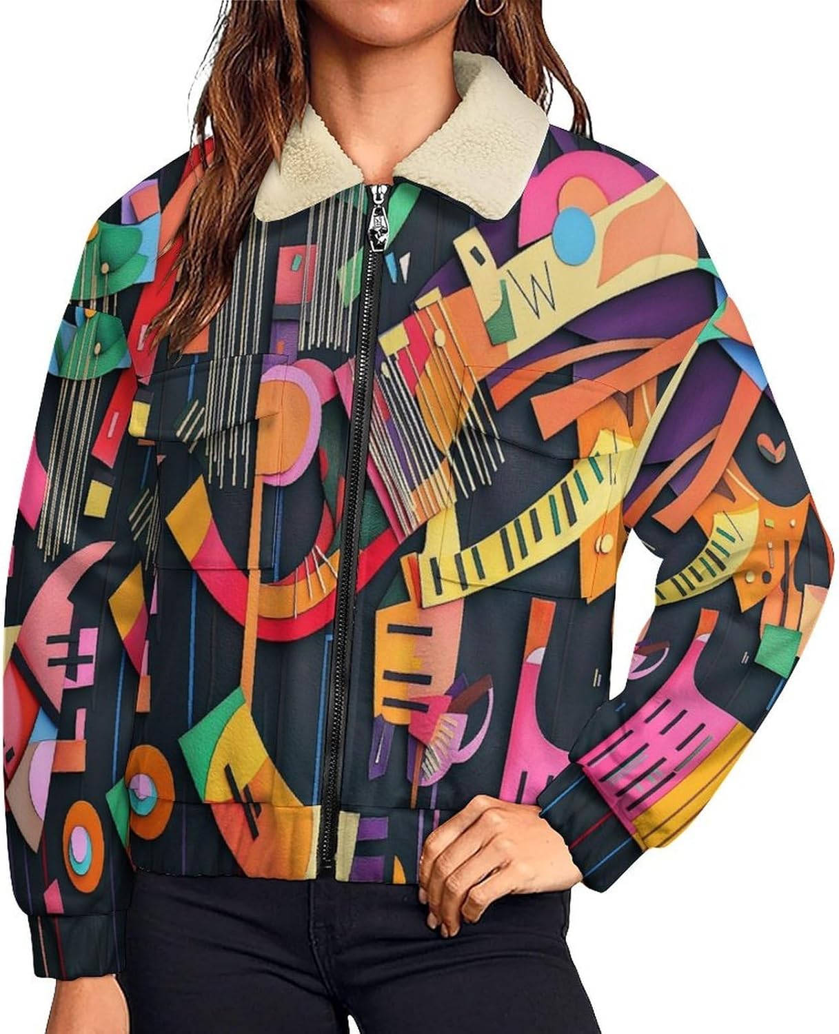 Women Winter Sherpa Lined Fleece Jacket,Long Sleeve Zip Up Abstract geometric Cropped Coat Warm Soft Polar Outwear