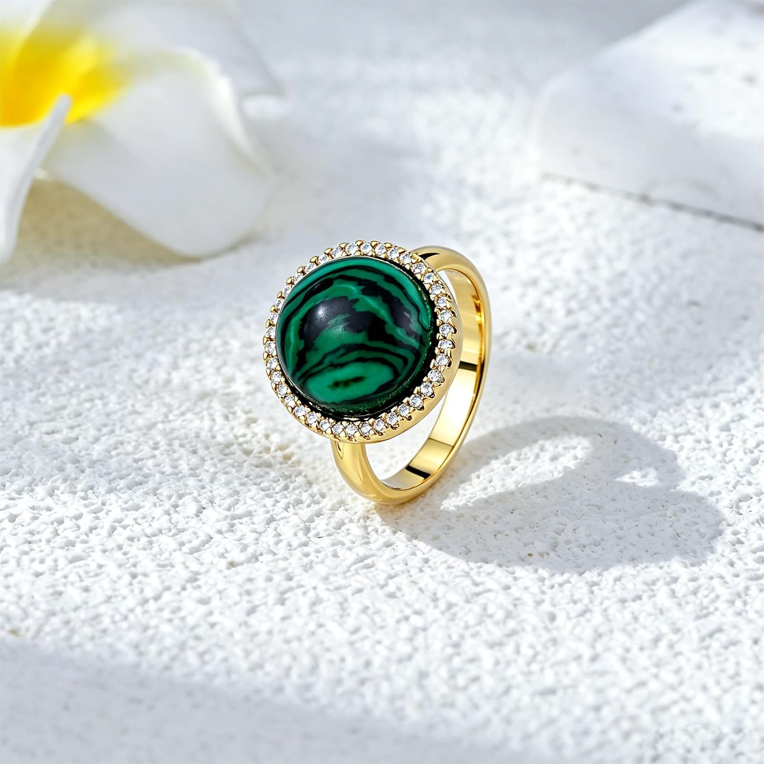 Malachite Ring for Women 18K Gold Plated Round Halo Rings Malachite Jewelry Size 5-7.5