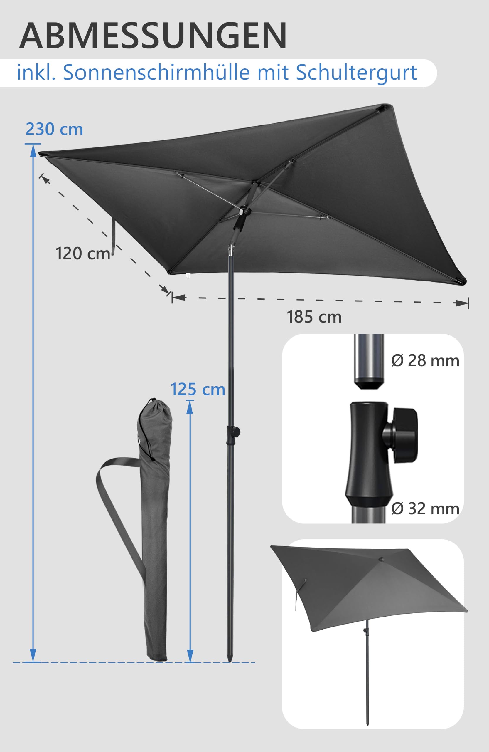 4smile Sonnenschirm Balkon 200 × 125 cm, Sonnenschirm rechteckig mit UPF 50+, 45° knickbar & höhenverstellbar, für Sonnenschutz Balkon mit Sonnenschirmhülle, Balkonschirm in Anthrazit