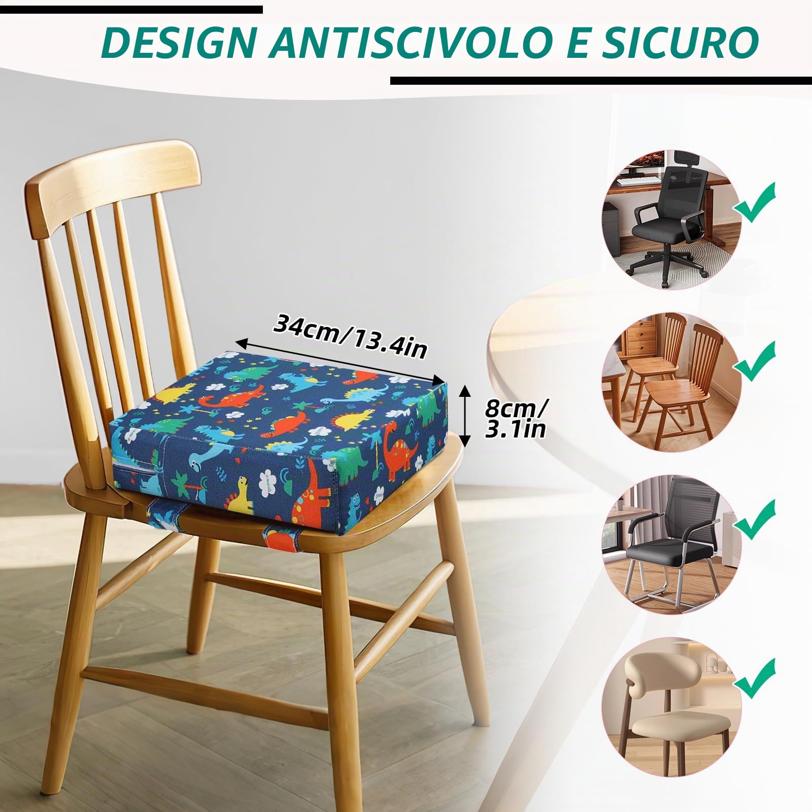 Zicac Rialzo Sedia per Bambini Portatile con Cinghie Regolabili e Lavabile Alza Sedia per Seggioloni Cuscino Seduta