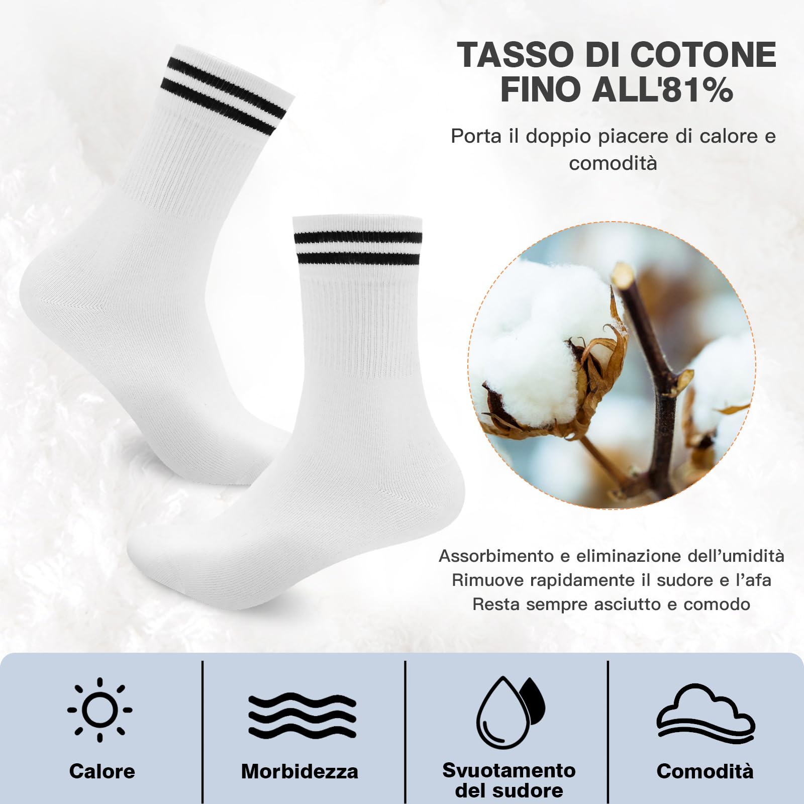 Smart Sir Calzini Sportivi Per Uomo E Donna Da 4 Paia In Cotone Di Alta Qualità, Comodi E Traspiranti, Bianchi, Calzini Lunghi