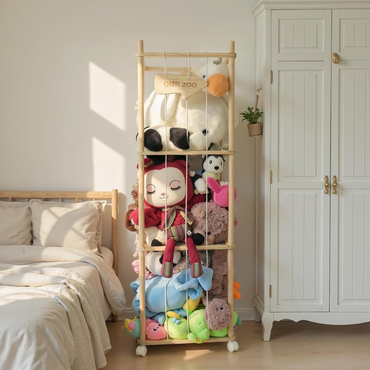 Wood Stuffed Animal Zoo Storage with Brake Wheels, Space Save Organizer, Large Capacity Stuffed Animal Holder, Gift for Nursery Playroom Kidroom Bedroom