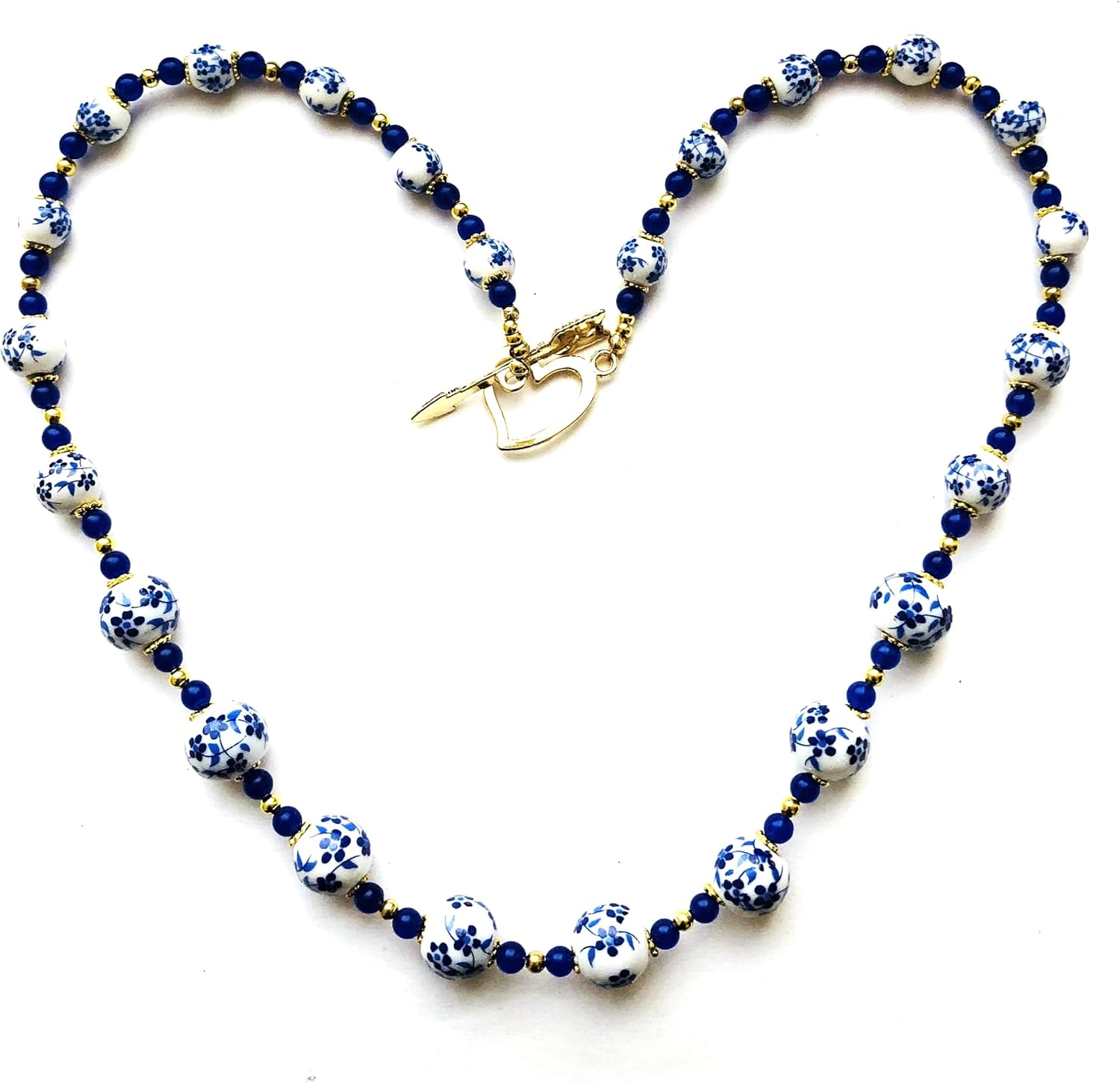Blue and White Ceramic Porcelain, Royal Blue Jade Beads Necklace Delft Holland Beads Silver/or Golden Toggle Clasp