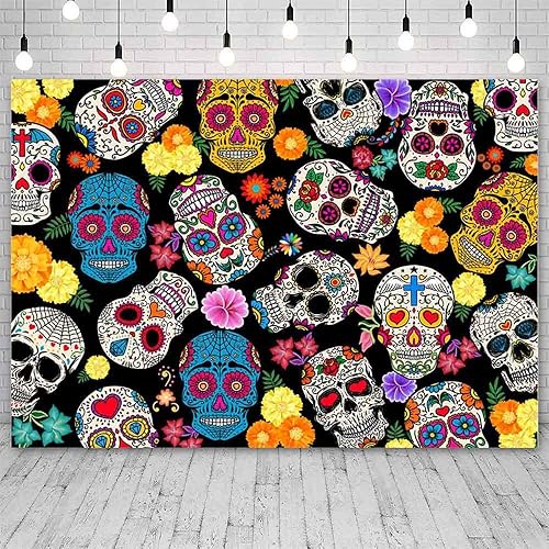 Miniatura 2 de Telón de fondo del Día de los Muertos de 8 x 6 pies, fiesta mexicana, calavera de azúcar, fondo de fotografía Dia DE Los Muertos, decoración de
