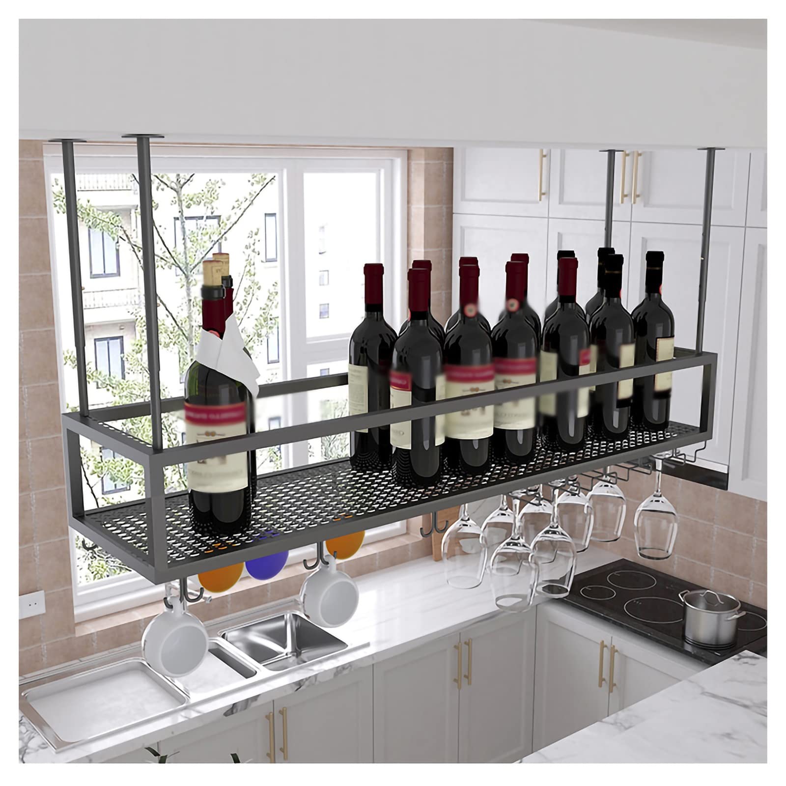Porte-verre à vin suspendu au plafond noir 120x25 cm en métal réglable