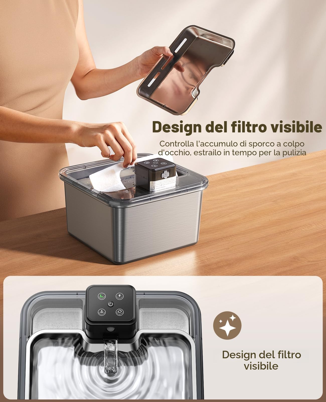 FEELNEEDY Fontanella per Gatti senza Fili, 3.2L Fontana per Gatti Acciaio Inox con Sensore di Movimento, Lavabile in Lavastoviglie, Visualizzazione del Filtro, 4000 mAh Batteria | FEELNEEDY Fontana trasparente per animali domestici, a batteria, sensore di