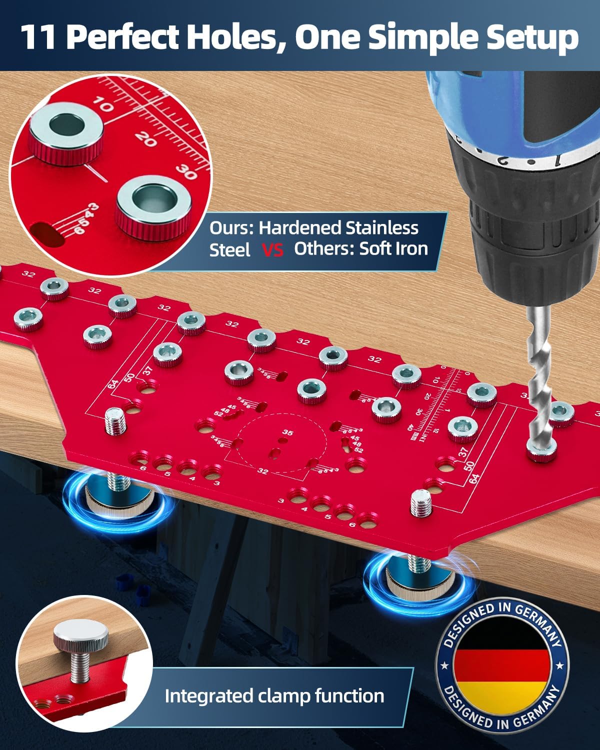 2-in-1 11-Holes Shelf Pin, Concealed Hinge Jig, Drilling Guide with Self-Contained Clamping, All-Metal Jig for Cabinet Hinge & 1/4" 5mm Shelf Pin, Woodworking Drill Guide Tool