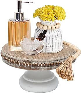 White Wash Round Display Wood Riser, 8.25” Shabby Chic Pedestal Tray Decor with Beads, Farmhouse Display Stands for Small Items in Coffee Bar, Bathroom, Kitchen Island
