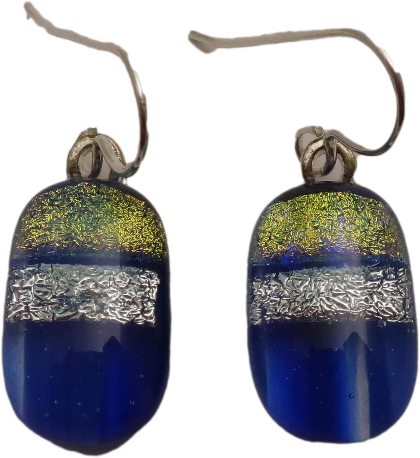 Blue Gold Oval Fused dichroic glass earrings .925 sterling silver n141