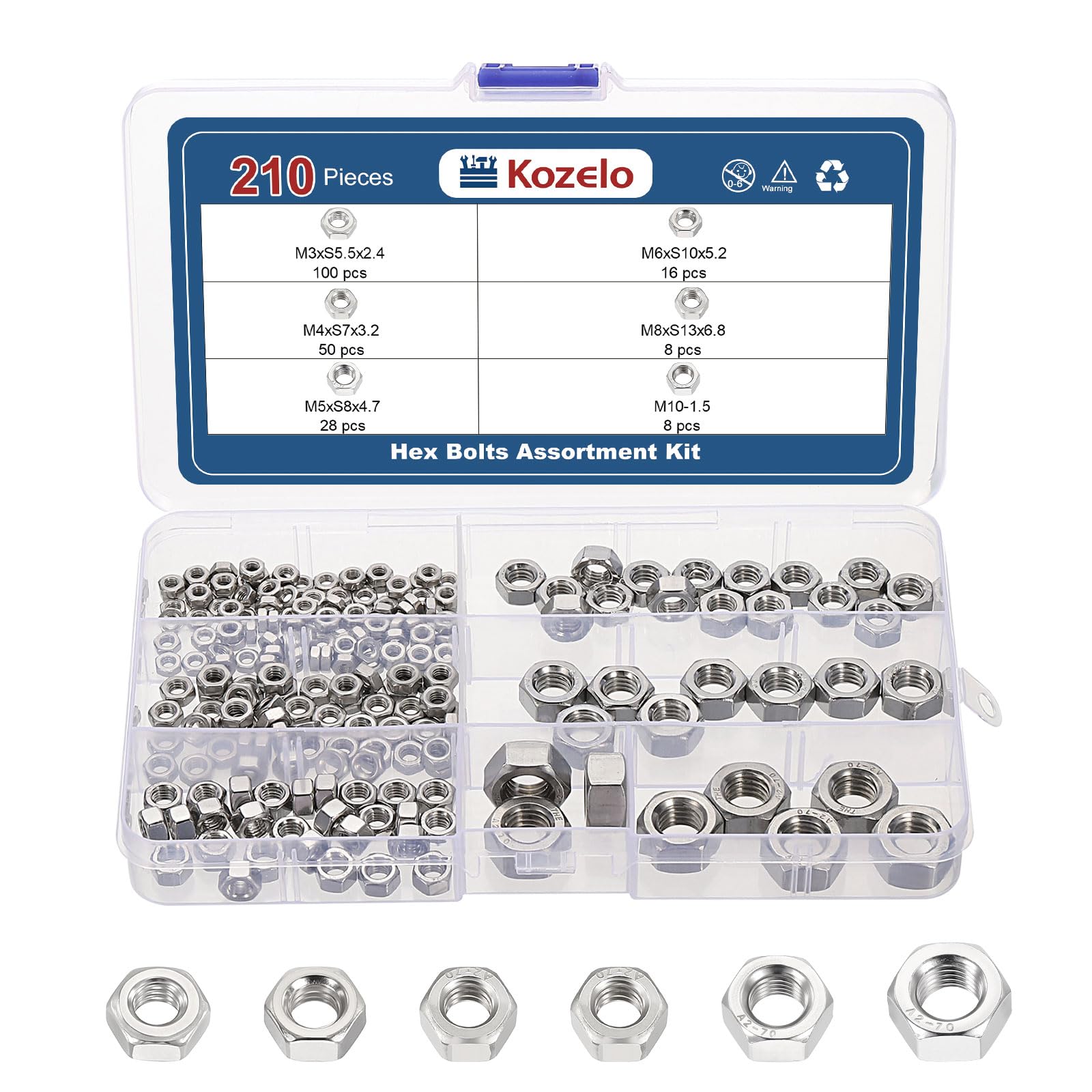Kozelo 210pcs Hex Nuts Assortment Kit - [M3-0.5 M4-0.7 M5-0.8 M6-1 M8-1.25 M10-1.5] 304 Stainless Steel 18-8 (A2-70) Hardware Nuts Set for Mechanical Repair & Assembly, Silver
