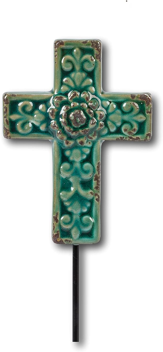 Beautiful Ceramic Cross Stake Sympathy Memorial (Teal)