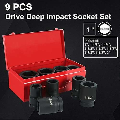 Miniatura 4 de Juego de llaves de impacto profundo de 1 pulgada, Cr-Mo de 6 puntos (1 pulgada - 2 pulgadas) 9 piezas con estuche de almacenamiento resistente
