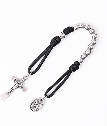Nazareth Store Olive Military One Decade Paracord Rosary Silver Beads Pocket Car Rosary Pray For Us St. Joseph Medal & St. Benedict Cross