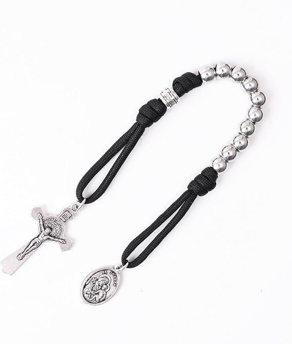 Nazareth Store Olive Military One Decade Paracord Rosary Silver Beads Pocket Car Rosary Pray For Us St. Joseph Medal & St. Benedict Cross