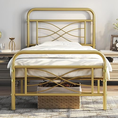 Yaheetech Base de cama individual con plataforma de metal con cabecera de diseño entrecruzado, amplio espacio de almacenamiento debajo de la cama,