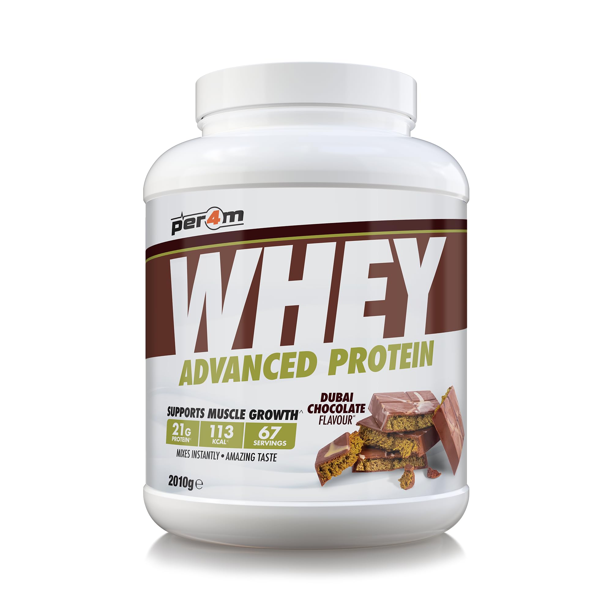 Per4m Whey Protein Powder | High Protein Shake for Muscle Growth & Recovery | Low Sugar Gym Supplement | Sports Nutrition Drink + Amino Acids (2010g, Dubai Chocolate)