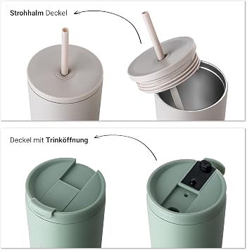 VINSUN Thermal Mug Straw 720 ml Beige with 2 Lids Leak-Proof