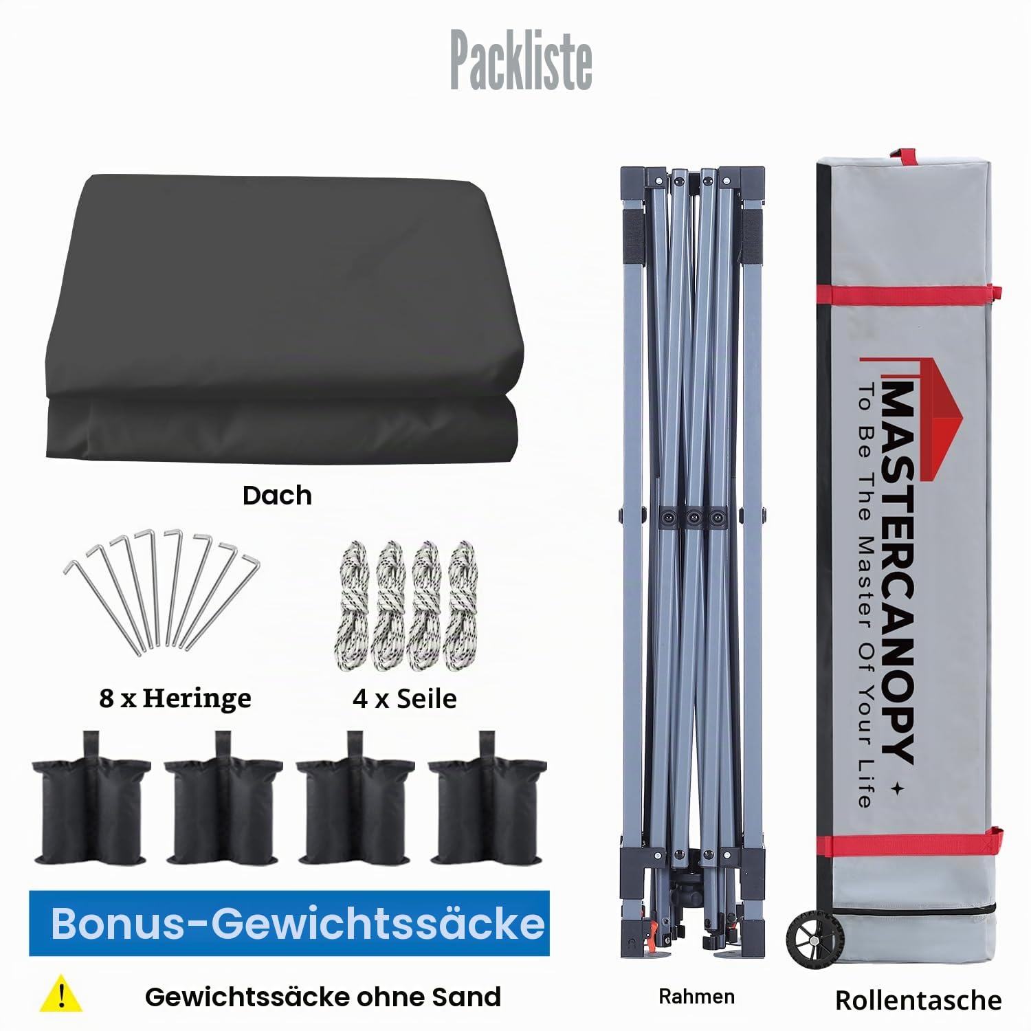 MasterCanopy Pop-up-Pavillon 3x3 Schnellaufbau, 3-Fach höhenverstellbar, UPF50+, wasserabweisend, inkl. Rolltasche + 4 Sandsäcke, für Camping, Events, Garten, Darkgrau