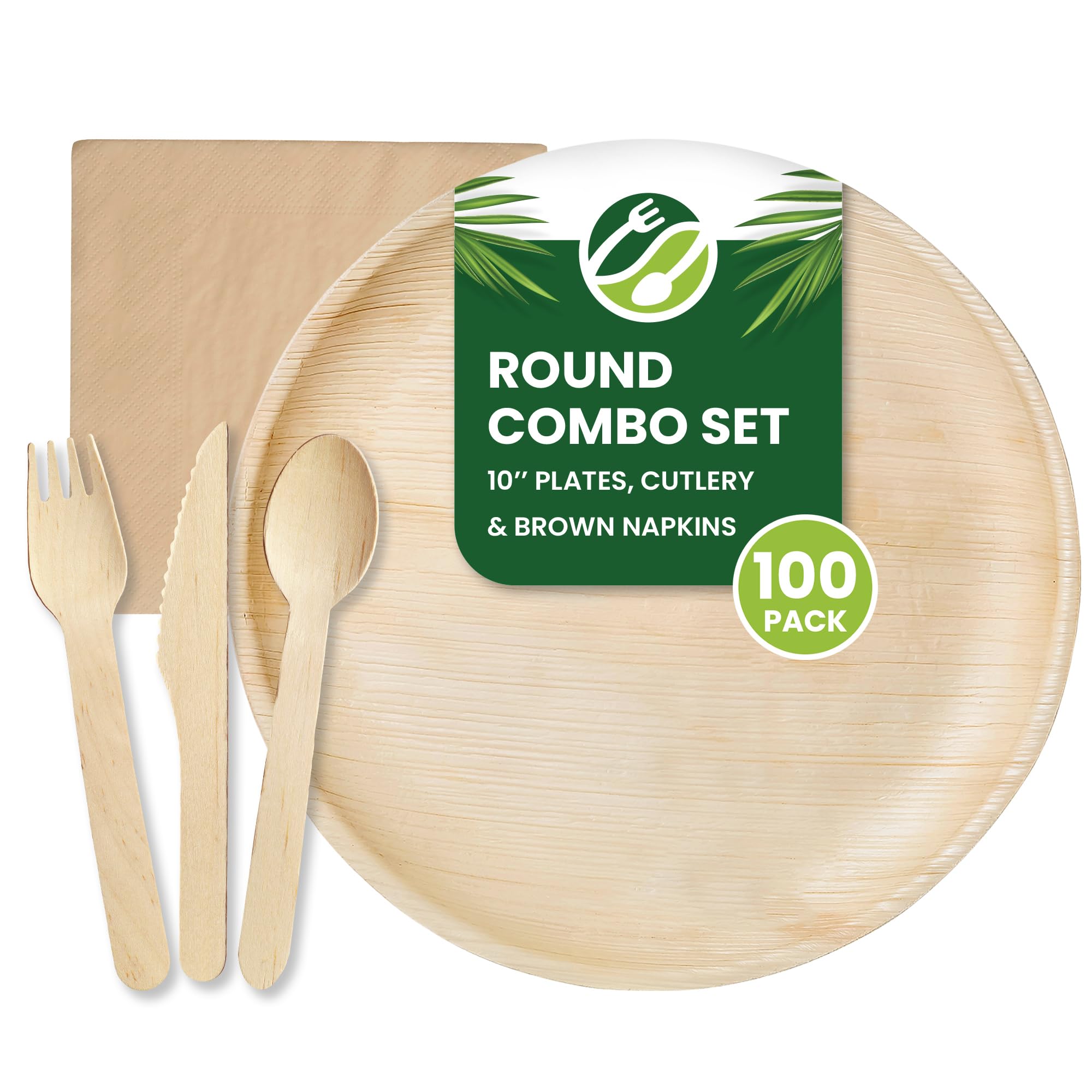 Eco Leaf 500pcs Disposable Palm Leaf Plates, Wooden Cutlery Set, Brown Napkins – 100 Large Round Plates, 100 Forks, Knives, and Spoons, 100 Brown Napkins – Eco-Friendly, Suitable for Parties