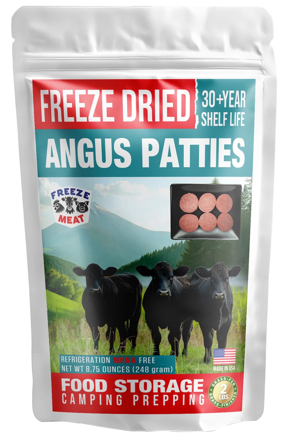 FREEZE MEAT Freeze-Dried ANGUS Beef Patties, 6-Count Family Pack, 2 lbs, 30 Year Shelf Life, Refrigeration Free | Backpacking & Camping Food Emergencies & Food Storage|GRASS FED|