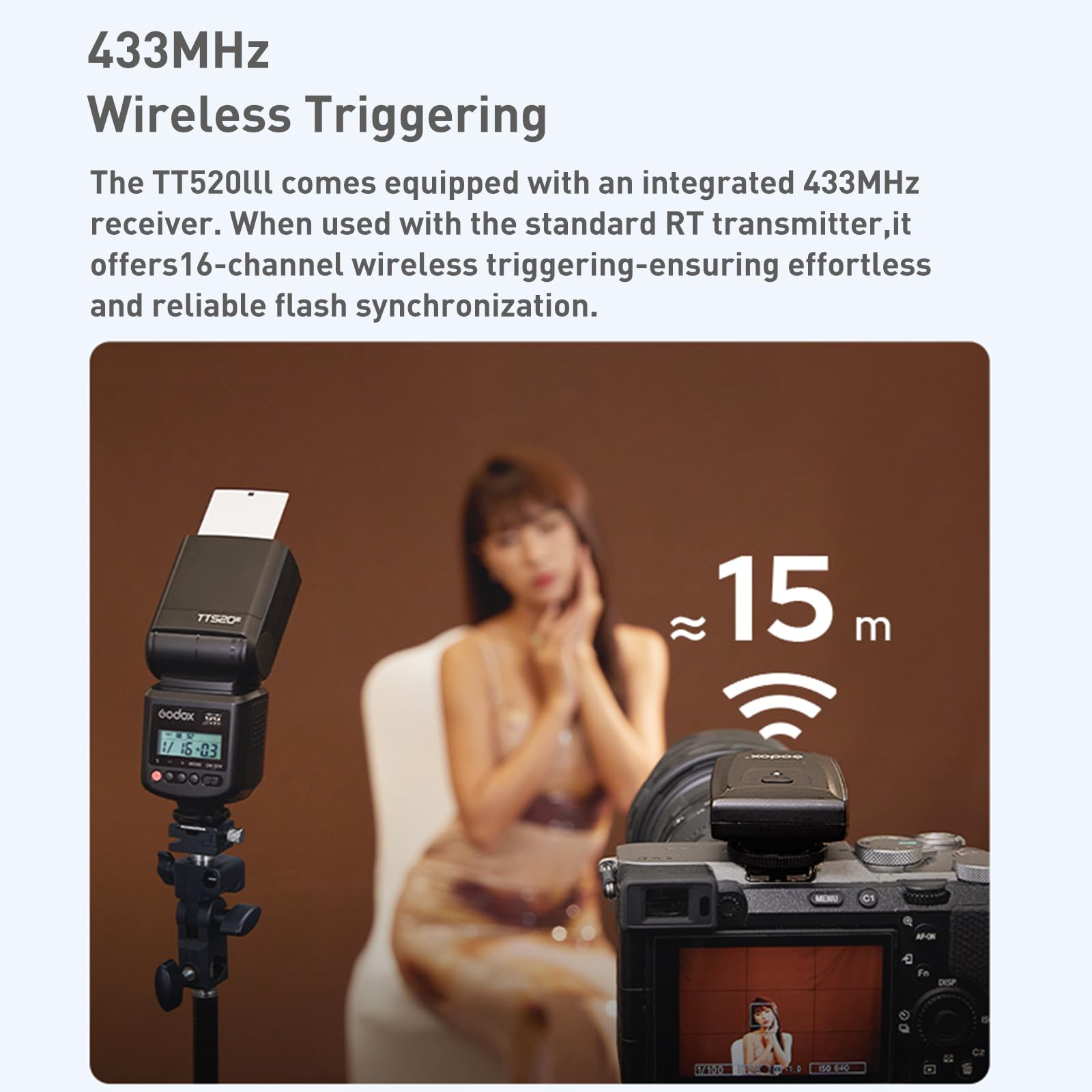 Godox TT520iii Flash per Fotocamera Speedlite Con Lanciatore Rt-16, 433 Mhz Wireless Flash Gn33 S1/s2, Controllo Ottico Singolo, Funzionamento A Batteria, Compatibile con Fotocamere