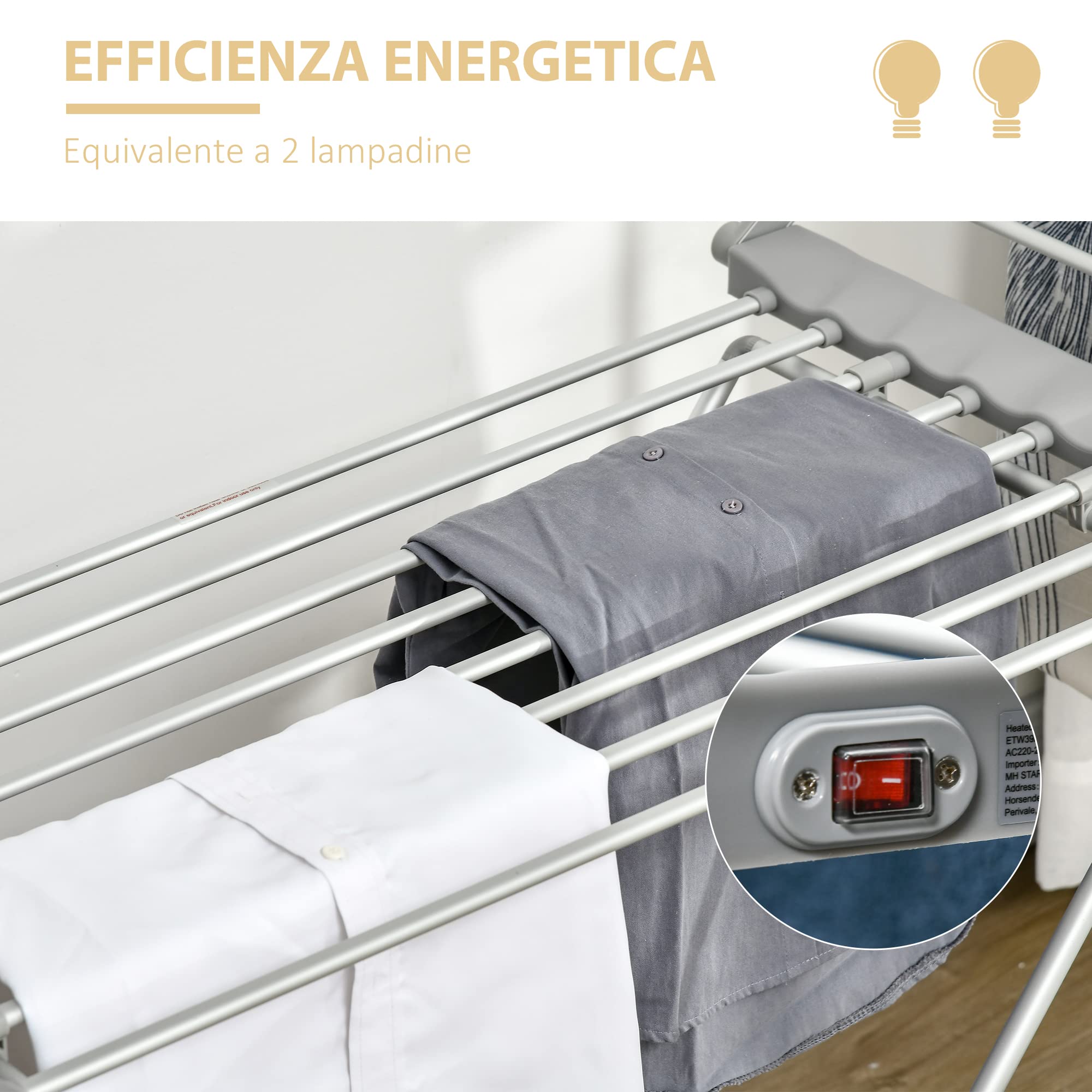 HOMCOM Stendino Elettrico Riscaldato con Ali, Stendibiancheria Pieghevole Salvaspazio in Lega di Alluminio, 144x53x91cm, Argento