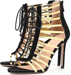 Gladiator Heels for Women Sexy Lace Up Stiletto Sandals Gold Strappy Cage Heels Dressy Party Club Shoes with Zipper