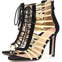Gladiator Heels for Women Sexy Lace Up Stiletto Sandals Gold Strappy Cage Heels Dressy Party Club Shoes with Zipper