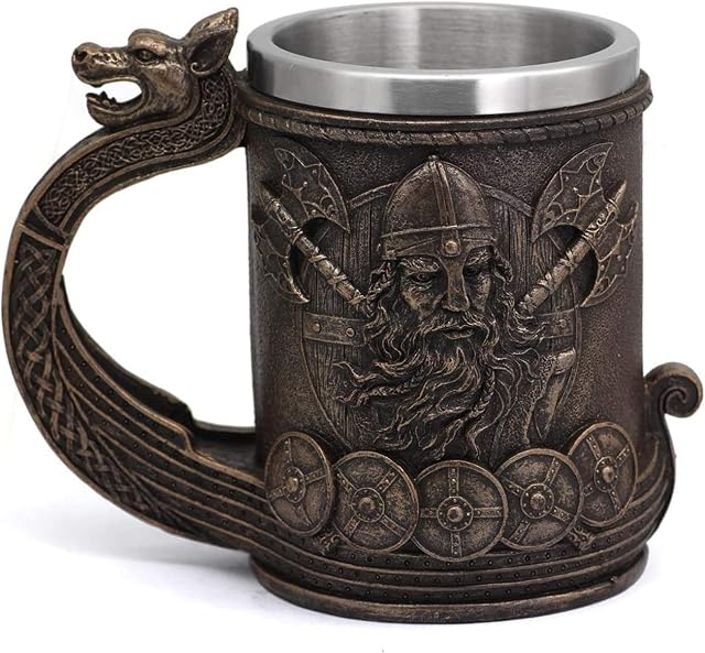 Viking Tankard 600 Ml Beer Resin Stainless Steel Cup Gothic Mug Beer Mugsbeer Mugs with Handles Beer Mugs for Men Viking Gifts for Men Suitable for Special Holidays Such As Halloween