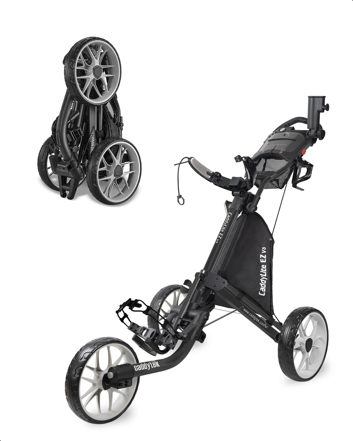 Caddytek CaddyLite EZ V8 Golf Push Cart - Lightweight 3 Wheel Foldable Cart with One-Click 2-Step Folding, EVA Wheels, Adjustable Handle, Cooler Basket, Umbrella & Drink Holder, Compact Golf Cart
