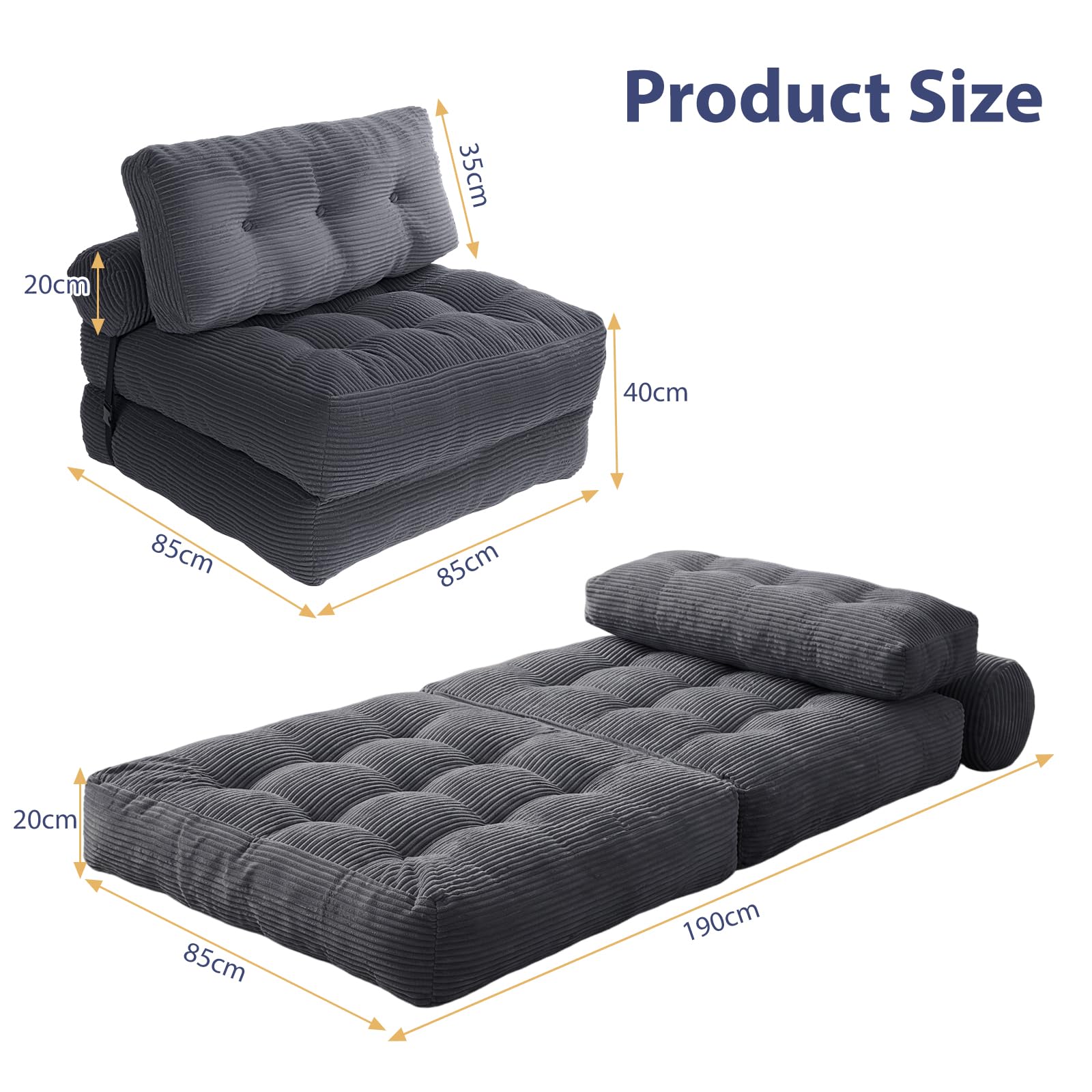 Canapé-lit Pliable et Convertible avec Oreiller, Matelas avec Support Dorsal, Fauteuil-lit Portable et Confortable pour Salon, Chambre à Coucher (Gris)