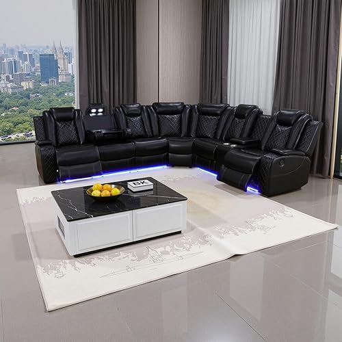 Miniatura 8 de Sofá seccional reclinable eléctrico, sofá de cuero negro con reclinables, sofá de cuero de aire con luces LED, puerto USB, portavasos para sala de