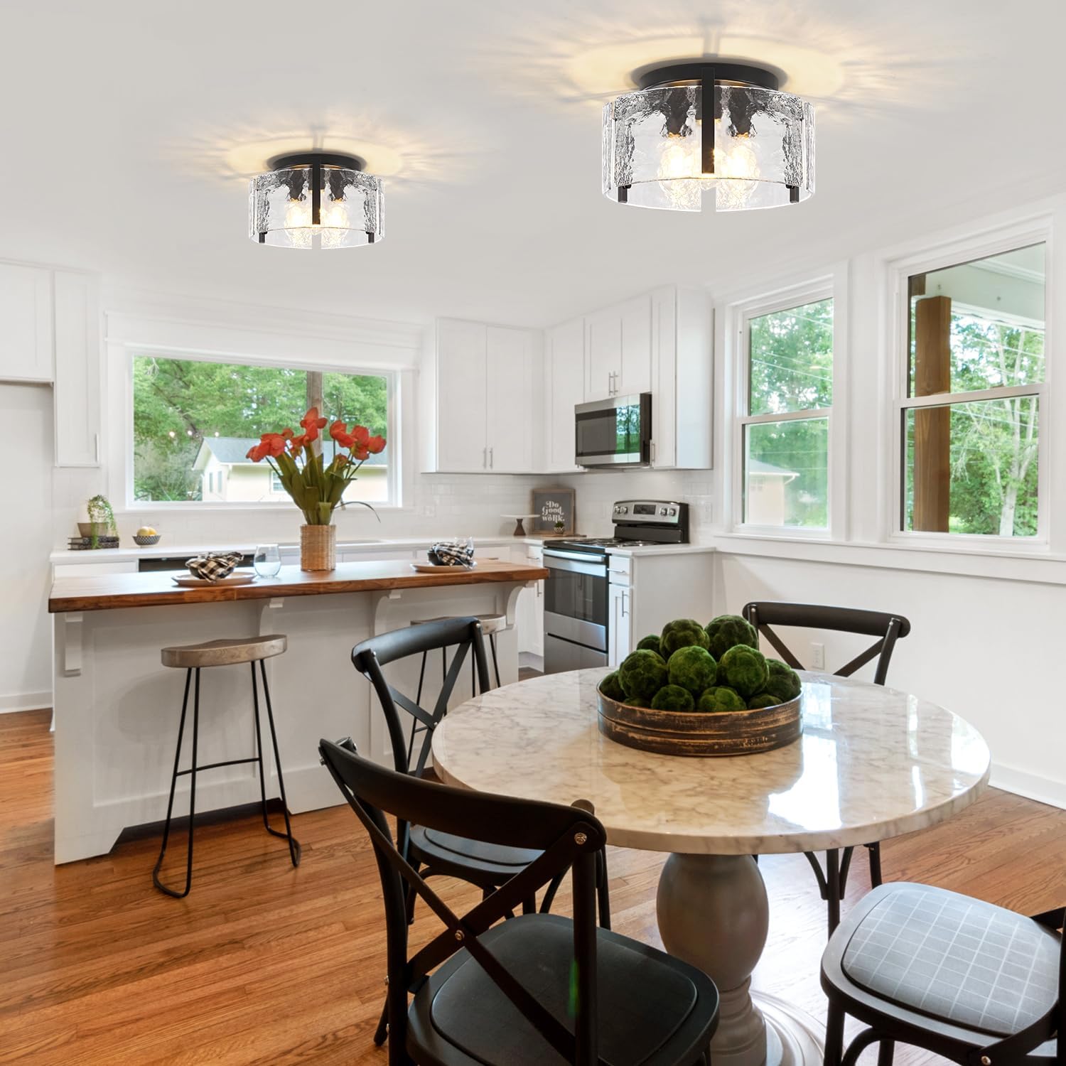 15'' Modern Black Semi Flush Mount Ceiling Light, Hallway Light Fixtures, 3-Light Glass Ceiling Lights for Entryway Kitchen Island Dining Room Foyer Bedroom Laundry Room Bathroom Lighting Fixtures