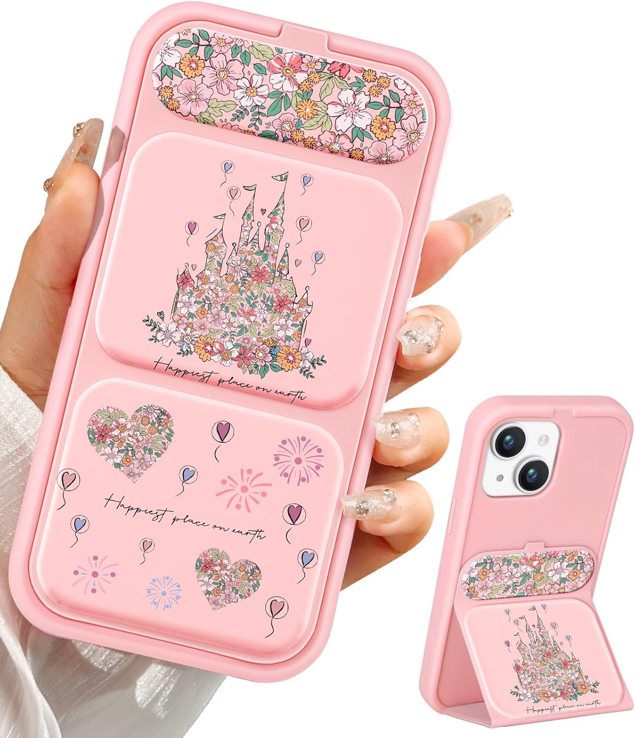 Camera Cvoer Stand Case for iPhone 13/14 Case 6.1 - Women Mujer Girl Girly Unique Cute Aesthetic PU Leather Folio Folded Flipped Holder with Magnetic Closure Phone Case, Castle Flower Firework