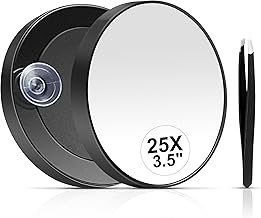 MIYADIVA 25X Small Magnifying Mirror Suction Cup, 25X Magnifying Mirror and Tweezers, As a Mganifying Makeup Mirror, Small Mirror Set for Blackhead Removal 3.5 Inches