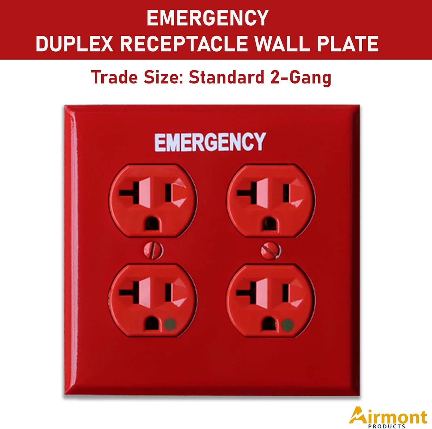 (5 Pack) Emergency Red Outlet Covers, Duplex Receptacle Switch Wall Plate, 2-Gang Standard Size, Heavy Duty, Red Metal, With White Silk-Screened Lettering, Code Compliant, Noticeable