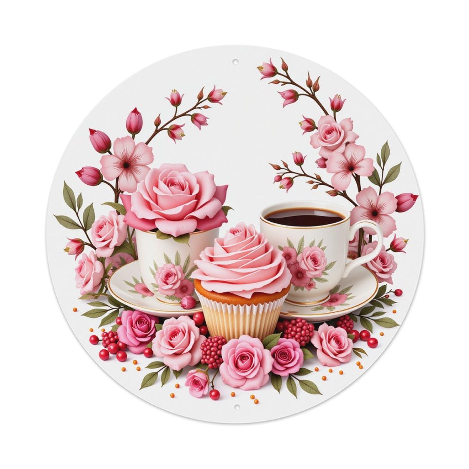 Floral Rose Cupcake Tea Cherry Round Tin Sign Vintage Metal Poster, Home Bar Garage Man Cave Cafe Indoor & Outdoor Wall Decoration 8x8Inches