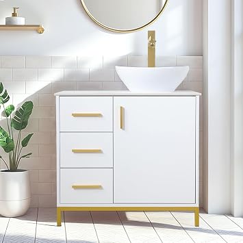 30 Inch Bathroom Vanity with Counter Top Sink Combo, White Bathroom Storage Vanity with 1 Large Soft Closing Door & 2 Drawers, Modern Freestanding Bathroom Cabinet with Sink