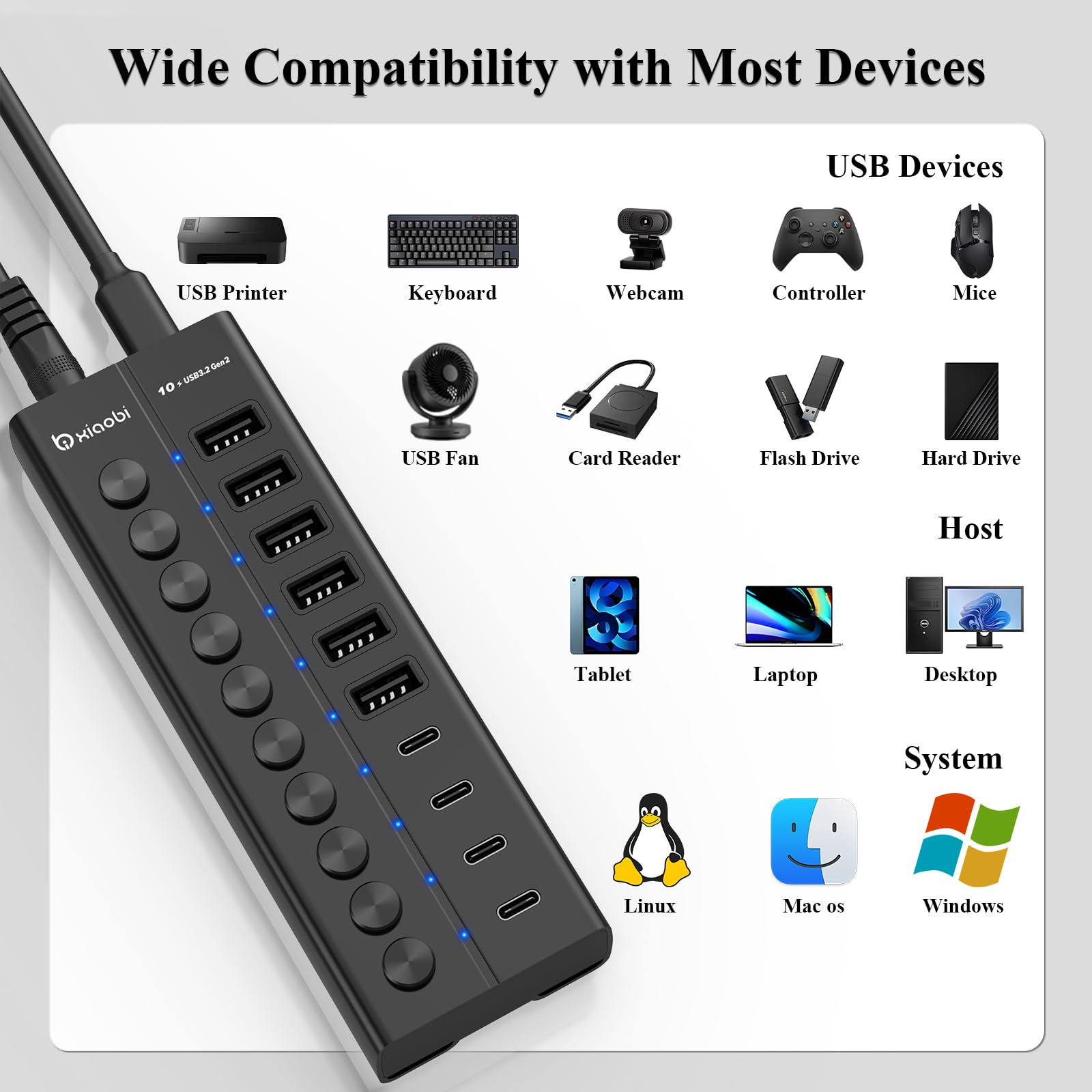 Hub USB alimentato, hub USB C a 10 porte con 6 porte USB-A 3.2, 4 porte USB-C 3.2, interruttori singoli e adattatore di alimentazione 12V/5A, prolunga USB in alluminio per MacBook, laptop/PC e altro