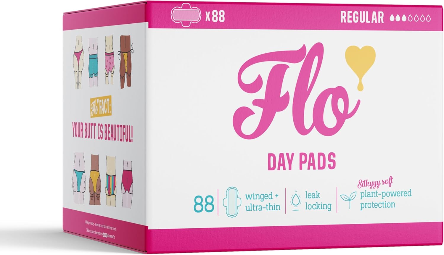 Flo – Day Menstrual Pads (88 Pack) – Regular Flow – Leak Locking – Winged + Ultra-Thin – Natural, Absorbent, Soft, & Breathable – Bamboo Period Pads for Women – Plant Based – Vegan & Cruelty Free