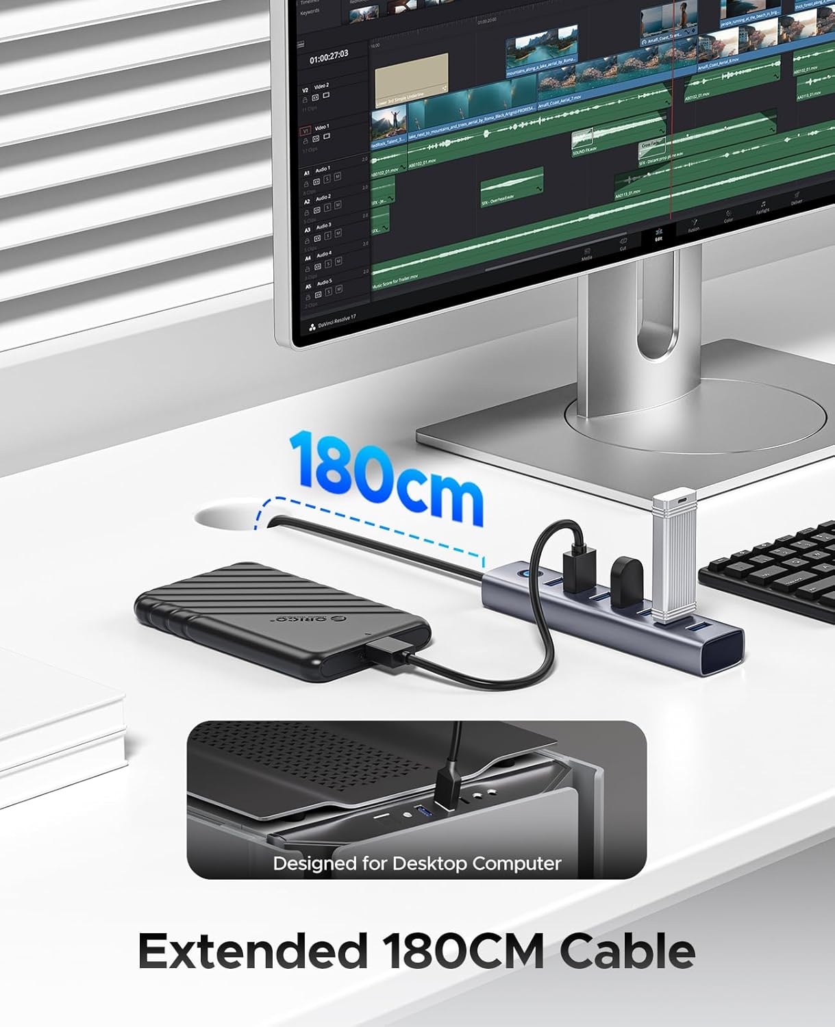 ORICO 7-Port USB 3.0 Hub, Aluminum USB Multiple Adapter, 5Gbps USB Extender USB Splitter with 6Ft Cable, UBS-A Hub Long Cable for Desktop, PC, Flash Drive, Mobile HDD, Windows/XPS
