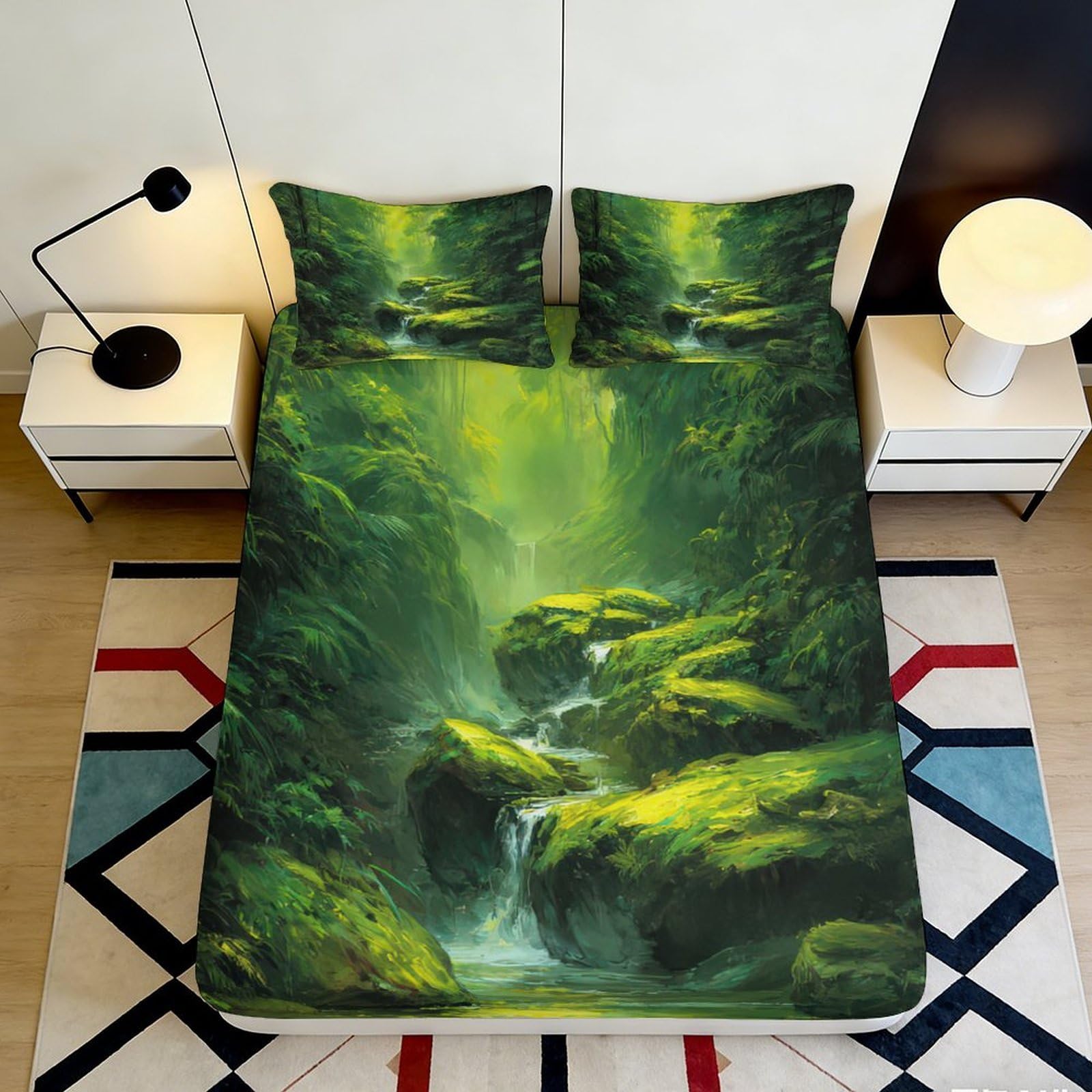3D Printed Forest Stream Fitted Sheet Microfiber Deep Pocket Elastic Hem Forest Style Mattress Fitted Cover for Bedroom 90x200x25cm