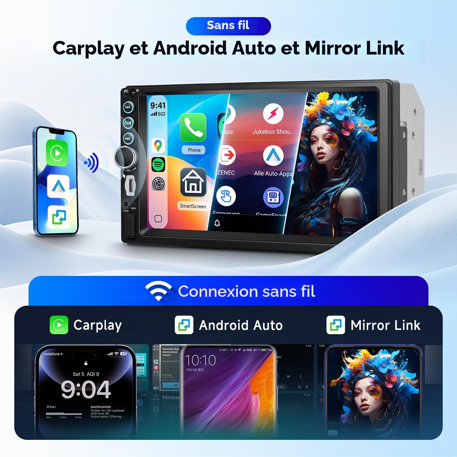 Hodozzy Autoradio 2 Din avec Carplay sans Fil Android Auto, Écran Tactile 7 Pouces Poste Radio Voiture Double Din Bluetooth, Lien Miroir, FM Type-C/USB/AUX, MP5 Lecteur Autoradio avec Caméra Recul
