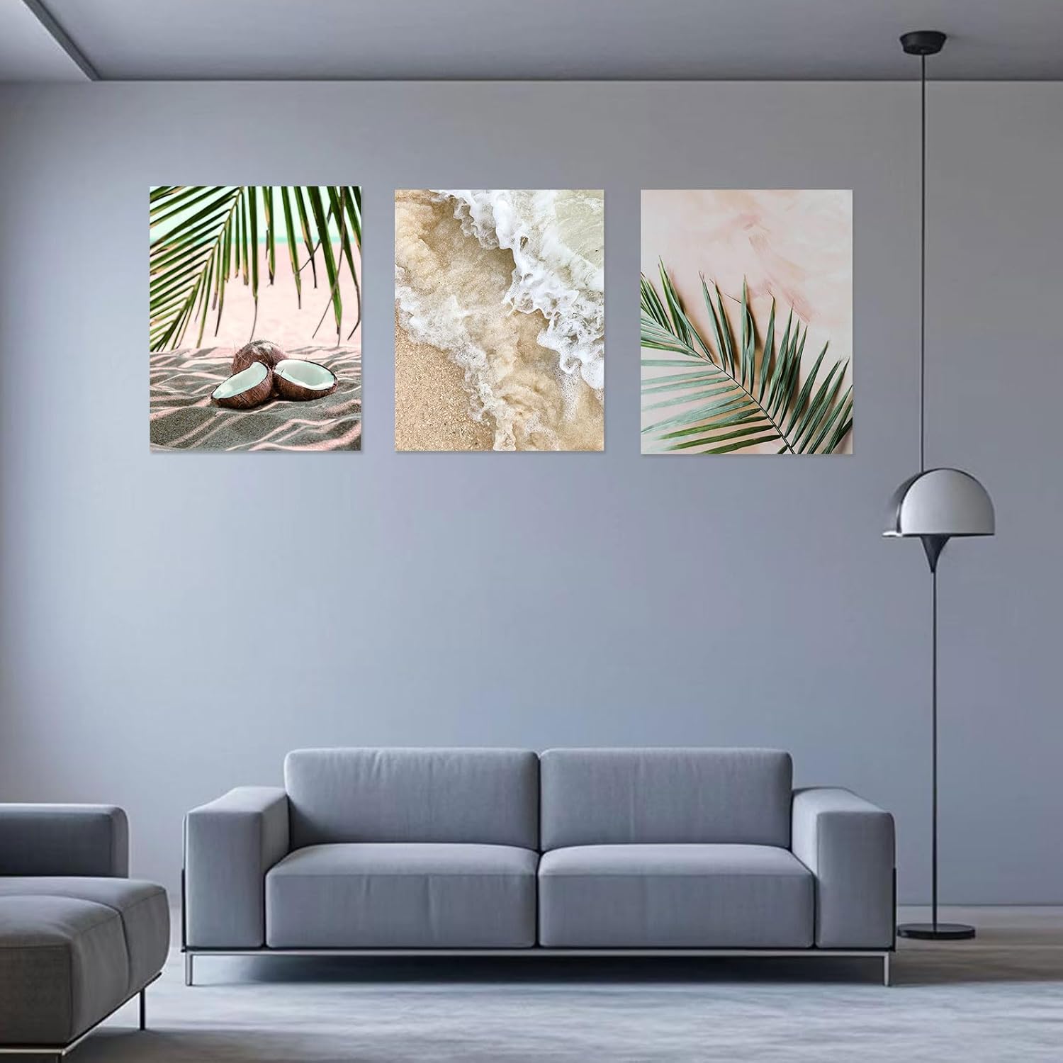 Kiddale Tropical Paradise 3-Panel Canvas Wall Art | 16x20 Inch Beach Palm Tree & Ocean Wave Painting | Coastal Boho Decor for Living Room, Bedroom, Office