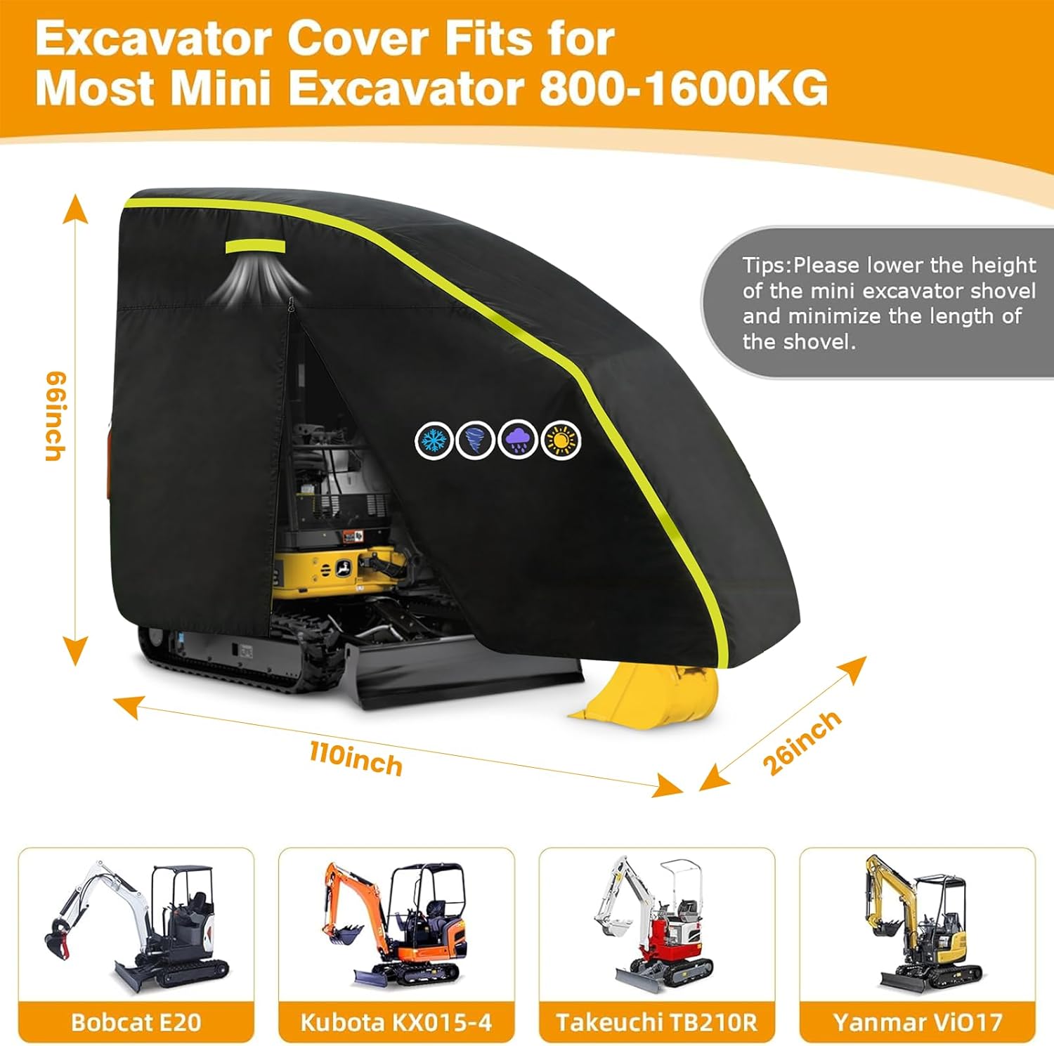 600D Mini Excavator Cover for Bobcat E10/Kubota K008-3/Caterpillar 300.9D/Takeuchi TB210R/Yanmar Vio10-2 Waterproof Sun Snow Protection Excavator Cover with Zipper Door, Reflective Strips & Air Vent