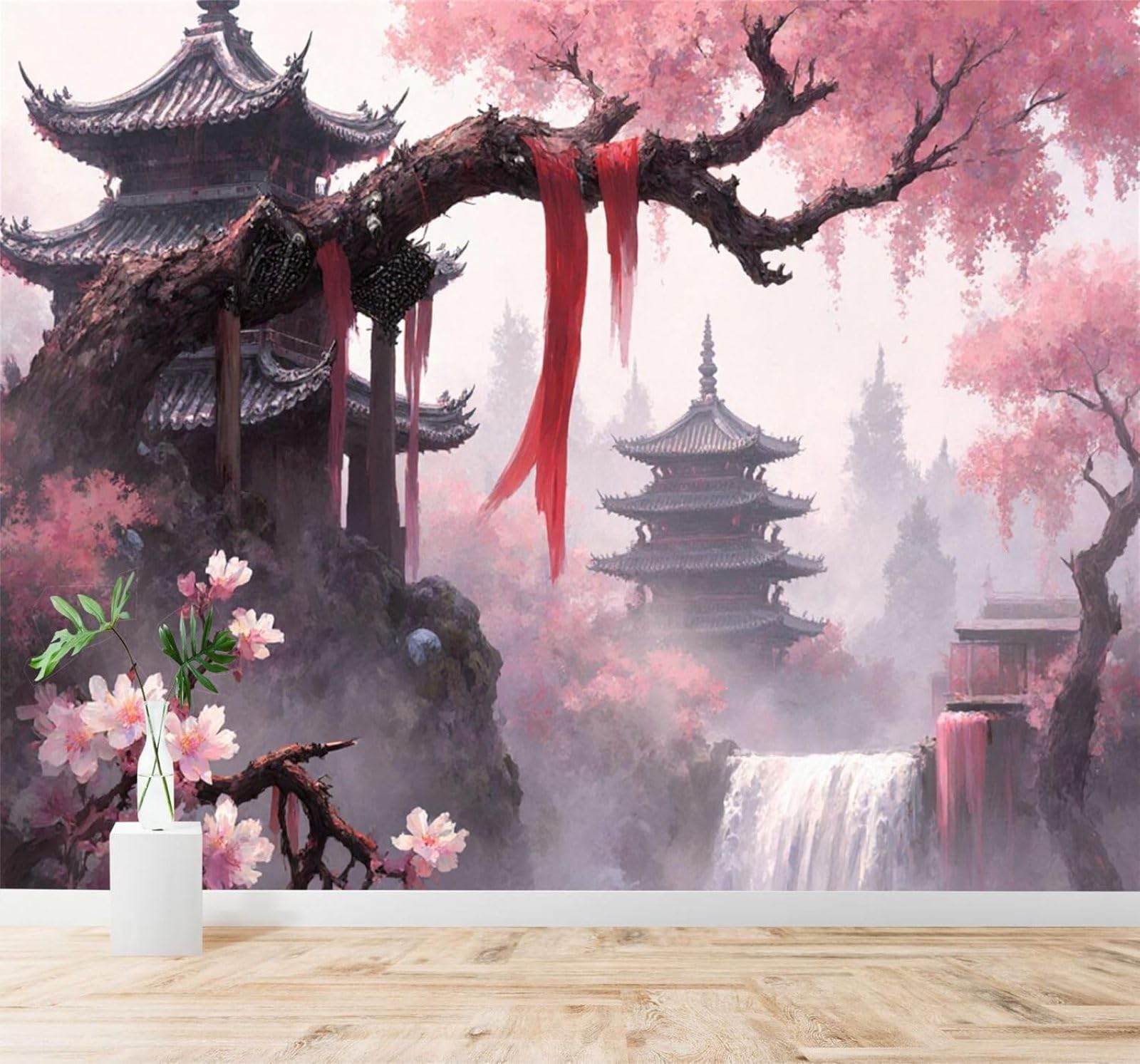 XLMING Beautiful Cherry Blossoms Temples Waterfalls Misty Mountains 3D Wallpaper Silky Texture Home Study Office Grey Dining Room Sofa Bedroom Living Room TV Backdrop-250cm×170cm
