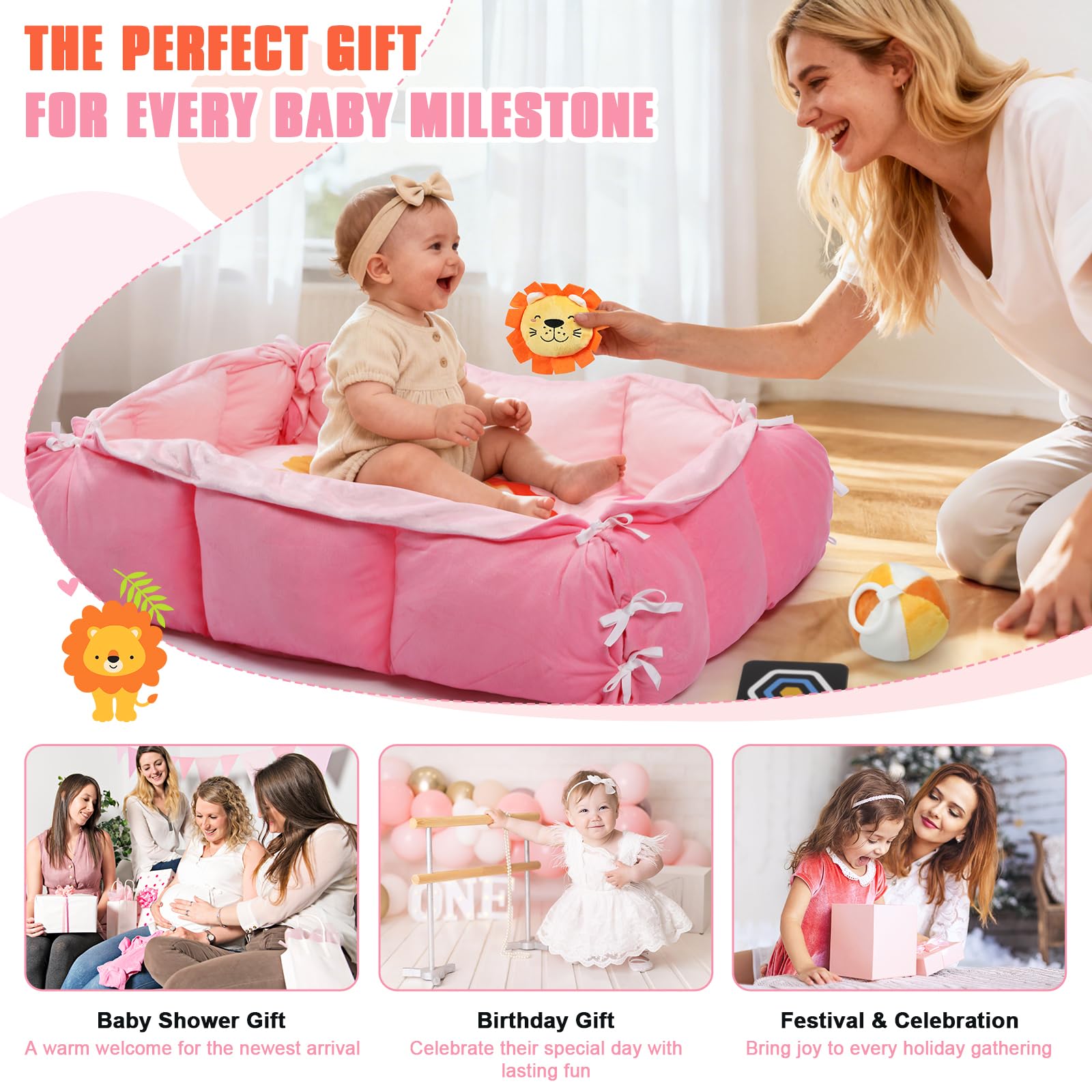 5-in-1 Bauchzeitmatte Baby Activity Gym mit Cartoon-Muster, extra dicke Plüsch-Spielbodenmatte, mit hängenden Spielzeugen, sensorischer Entwicklungs-Fitness-Studio & schönes Geschenk für Neugeborene