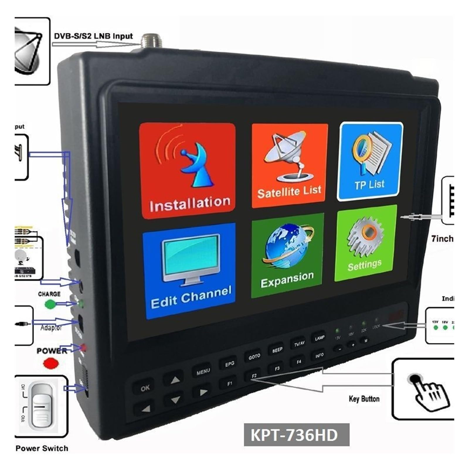KPT-736HD DVB-S2 SatelliteFinder Full HD Digital Satellite TV Receptor Finder Meter MPEG-4 + HEVC H2.65 Decodificador del Receptor