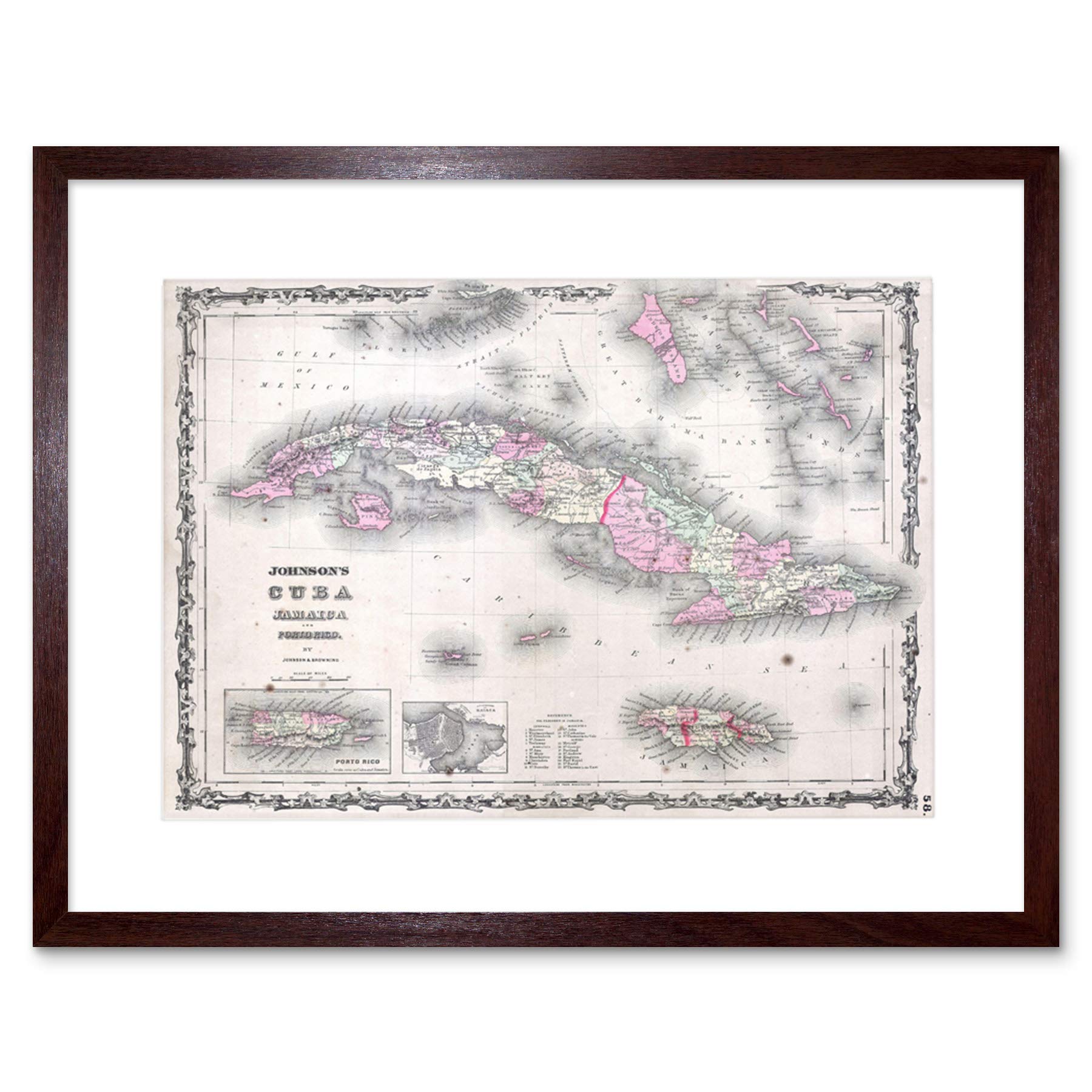 Wee Blue Coo Map Antique Johnson Cuba Jamaica Framed Wall Art Print